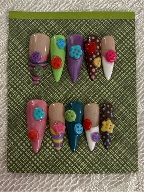 Hand-Painted Long Stiletto Press-On Nails with 3D Buttons - Multi Color